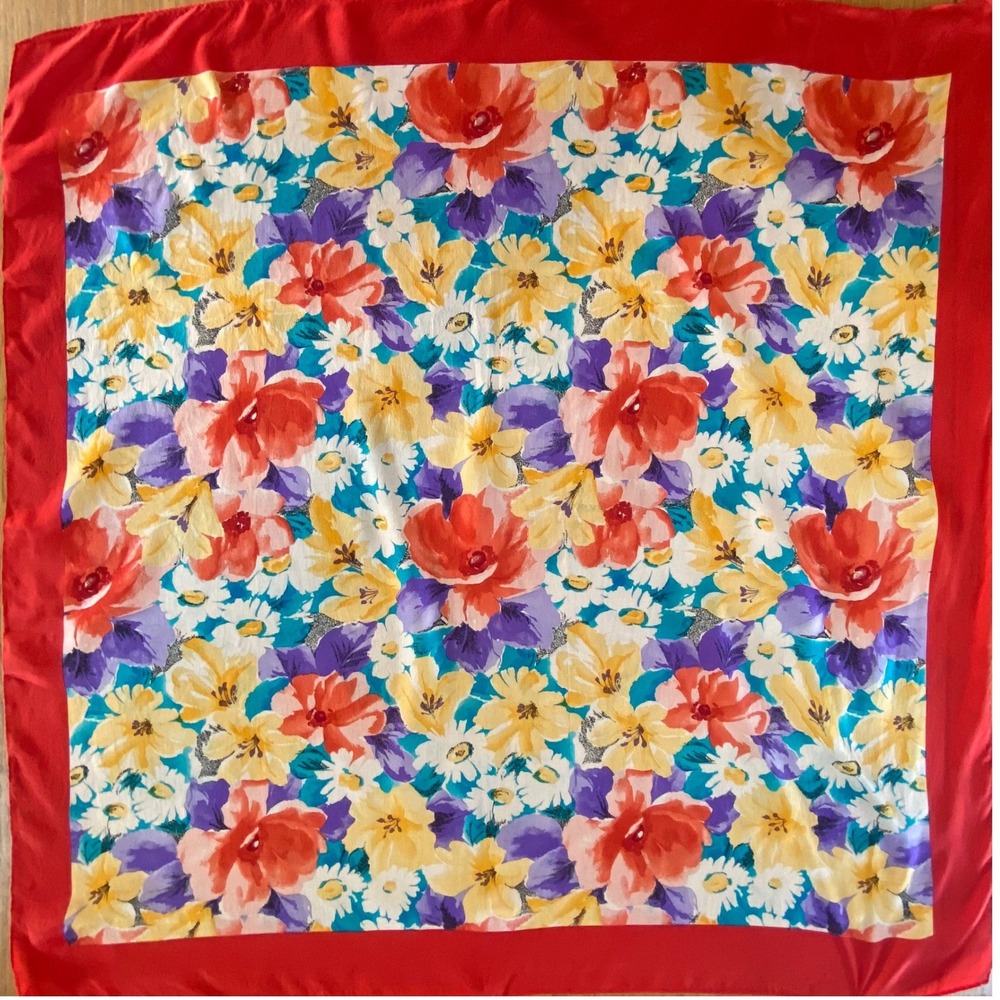 Baar & Beards Scarf Womens OS Red Floral Silk Square Vintage Cottagecore